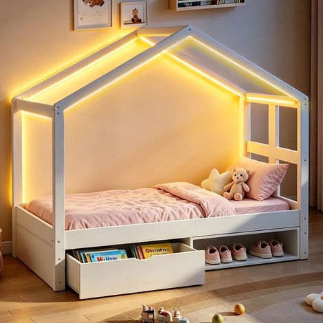 Lit en bois 90×190cm, avec tiroirs et petit meuble à chaussures, éclairage LED multicolore, sommier à lattes, lit simple, lit enfant, blanc, garantie 2 ans (1/5)