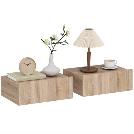 Tables de chevet murales chêne, lot de 2 avec tiroir coulissant, 40 x 30 x 15 cm, panneaux de particules mélaminés (1/5)