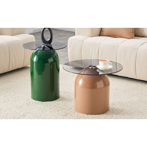 Set de 2 tables basses 50x40x38 cm gris et café clair en métal avec plateau en verre trempé empilable (1/5)