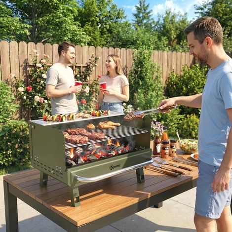 Barbecue pliable au charbon de bois 52 x 37 x 31,8 cm avec grille réglable, tablette latérale rabattable et plateau amovible, vert