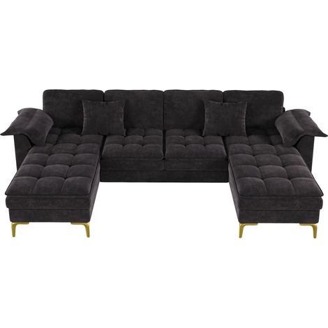 Sofá esquinero en U de 4 plazas de ciniglia negra con 2 chaise longues y cojines (1/5)