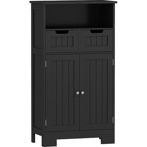Meuble bas de salle de bain noir, grand rangement avec niche, 2 tiroirs, double porte et étagère (1/5)