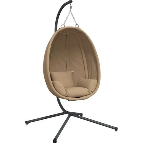 Fauteuil suspendu en forme d'œuf, avec tissu taupe et structure en acier. (1/5)