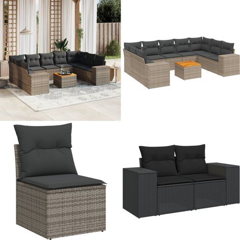 10-tlg. Garten-Sofagarnitur mit Kissen Grau Poly Rattan - Gartensorte - Outdoor Möbel - Gartenlounge - Lounge Set - Esstischset - Home & Living (1/5)