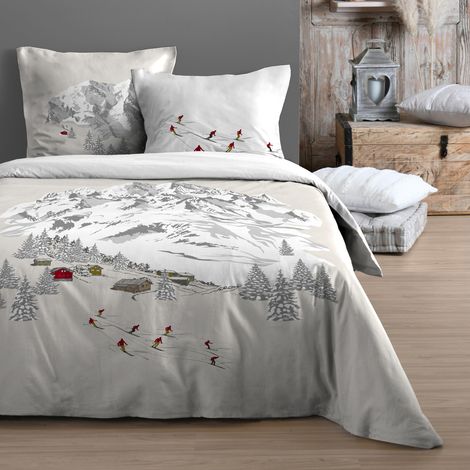 Parure de lit 3 pièces ambiance montagne en coton Ecru 260x240 cm