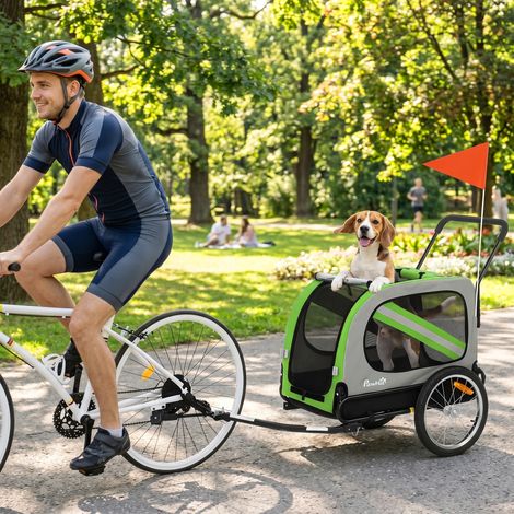 Remorque vélo 2 en 1 pour chien, poussette pliable pour animaux avec ceinture de sécurité et réflecteurs, verte (1/5)