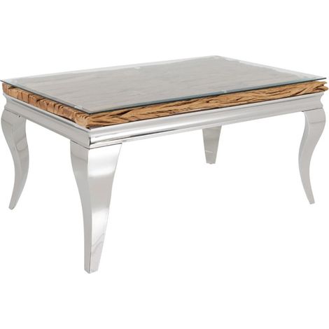 Table basse VELENA 100 cm aus Teakholz mit gehärtetem Glas – Barockes Design mit verchromten Beinen