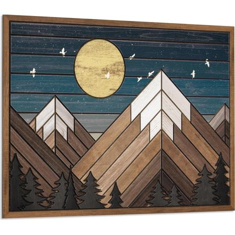 Décoration Murale en Bois Montagne, Lune au-Dessus des Montagnes scène Nature (1/5)