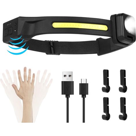 Lampe Frontale Rechargeable, LED Ultra Puissante Éclairage 230° Frontale Rechargeable USB Capteur De Mouvement, Étanche IPX4 Poids 0.2lb léger, Pour Pêche, Camping, Cyclisme, Running (1/5)