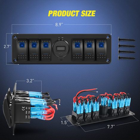 Six-position modified car boat-shaped switch panel with blue 5P rocker switch and QC3.0 car charger. (1/4)