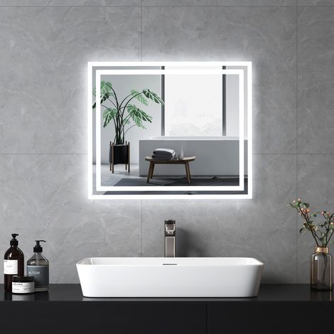 EMKE Espejo de baño con interruptor pulsador, antivaho, luz blanca fría/cálida 60x50 cm