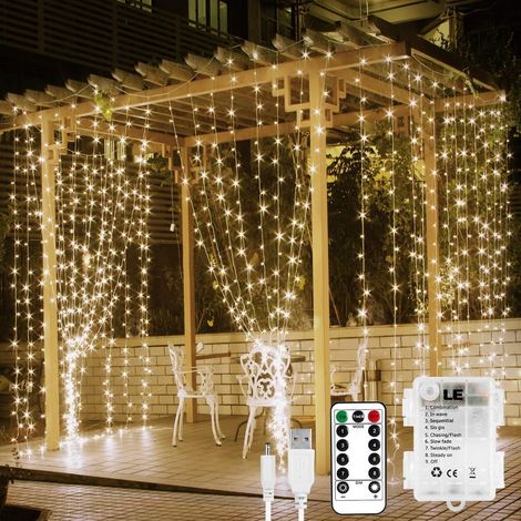 Guirlande Lumineuse - 300 LED - 3 m x 3 m - Alimentation USB ou Piles - Télécommande - 8 Modes - Minuterie - Pour Intérieur et Extérieur - 1 Pièce (1/5)