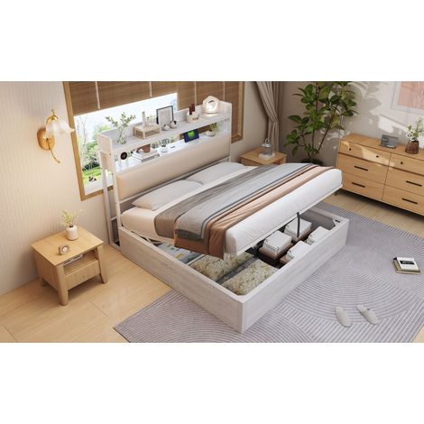 Cadre de lit 180x200 cm avec mécanisme hydraulique, USB, tête de lit rembourrée, design vintage bois et métal, rangement dissimulé, lit double blanc