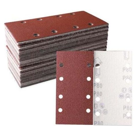 Lot de 50 feuilles abrasives 93 x 185 mm Papier abrasif carré auto agrippant 8 trous 80 grains Idéal pour ponçage, polissage et dérouillage Convient pour ponceuse rectangulaire (1/4)