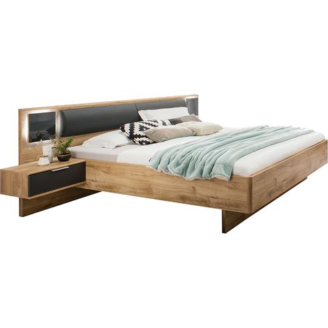 Doppelbett 180cm mit Nachtschränken, Beleuchtung und Polsterkopfteil, graphit und Eiche, VIESTE-43 (1/4)