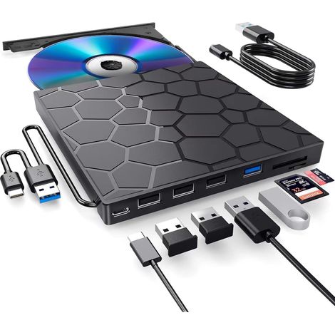 Lecteur CD/DVD externe pour ordinateur portable, lecteur DVD pour ordinateur portable, lecteur portable USB ultra-fin 8 en 1, graveur DVD/CD externe compatible avec les lecteurs optiques (1/4)