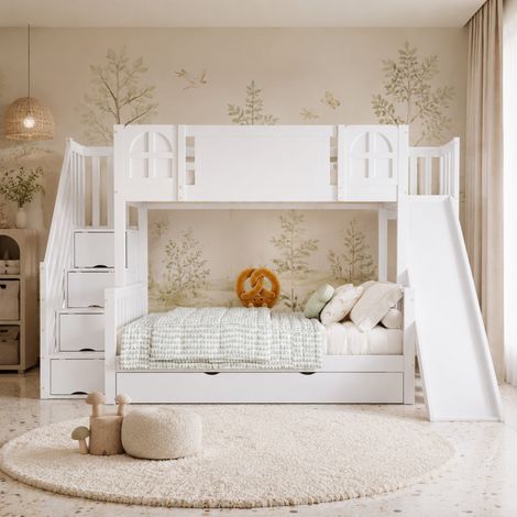 Letto a castello per bambini con scivolo, scala contenitore, cassetto, bianco HAVRYA (1/5)