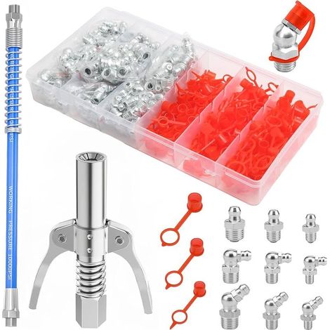 272 Pièces Assortiment de Graisseur M6 M8 M10 avec Couvercle, Droit Graisse Raccord 45° 90° 180°, Raccord de Pistolet à Graisse Coupleur avec Tuyau de 30cm, Mamelon de Graisse Hydraulique (1/5)