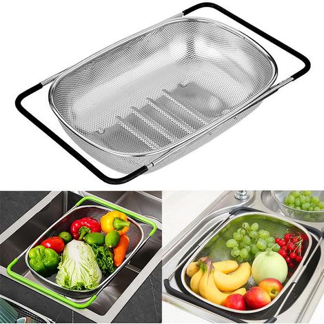 Passoire Evier, Passoire Cuisine Inox, Passoire Pliable, Passoire Fine Cuisine, Pour Laver Les Légumes Et Les Fruits, Extensible, Ustensiles De Cuisine (Noir, Perforé)