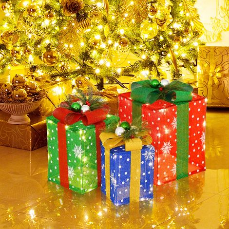 Décoration de Noël Paquet Cadeau de Noël 3 Pièces Paquet Cadeau Lumineux avec Boîtes Exquises avec 52 Lumières LED Pré-éclairées (1/3)