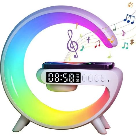 Lampe de Chevet Chargeur Sans Fil, lampe LED en Forme de G, Haut-parleur de Chargement de Téléphone, Intensité Variable, Réveil (1/5)