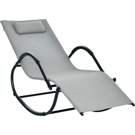 Outsunny Zero Gravity Rocking Lounge Chair Rattan Effect Patio Rocking Chair w/ Removable Pillow Recliner Seat Breathable Texteline - Grey