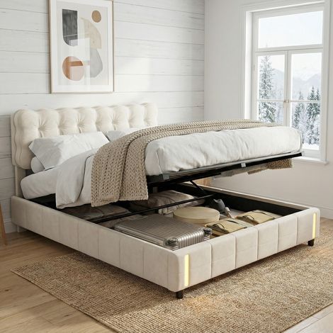 Lit coffre 140x190, éclairage LED capteur, lit double capitonné avec tête de lit nuage design, lit adulte avec hydraulique, velours, style moderne scandinave(140x190cm, Beige)