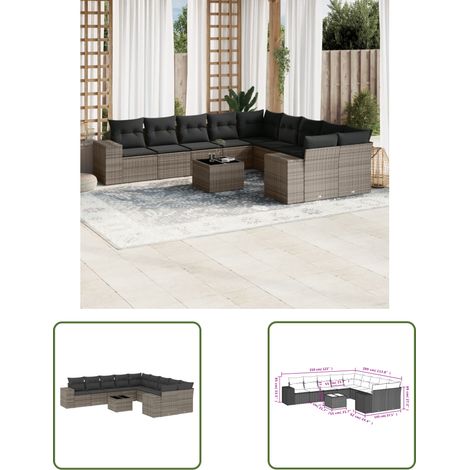 The Living Store 11-tlg. Garten-Sofagarnitur mit Kissen Grau Poly Rattan - Gartenmöbel Set - PE-Rattan Möbel - Outdoor Lounge - Esstisch - Sofasatz (1/2)