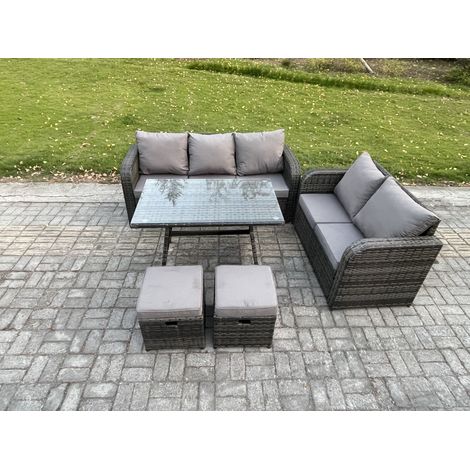 Fimous High Back PE Rattan Sofa Set Outdoor Garden Furniture Dining Table Set Love Sofa 3 Seater Sofa 2 Small Footstool (1/5)