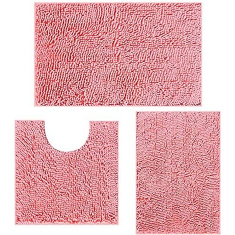 Set of 3 non-slip and washable bath mats for bathroom, shower, bathtub and toilet (pink)