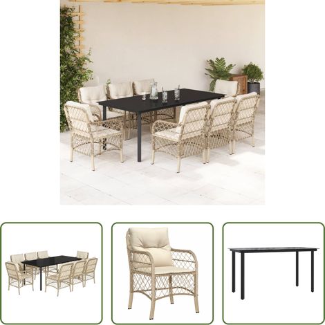 Gartenessgruppe - 9-tlg. Garten-Essgruppe mit Kissen Beige Poly Rattan (1/5)