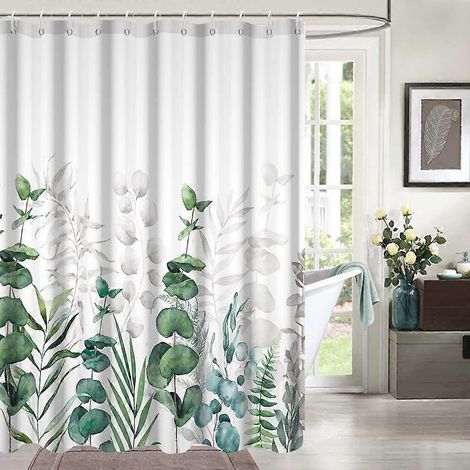 Rideau de douche 180x180cm, anti-moisissure, gris à motifs de feuilles d'eucalyptus vertes, en polyester, pour baignoire et salle de bain. (1/5)