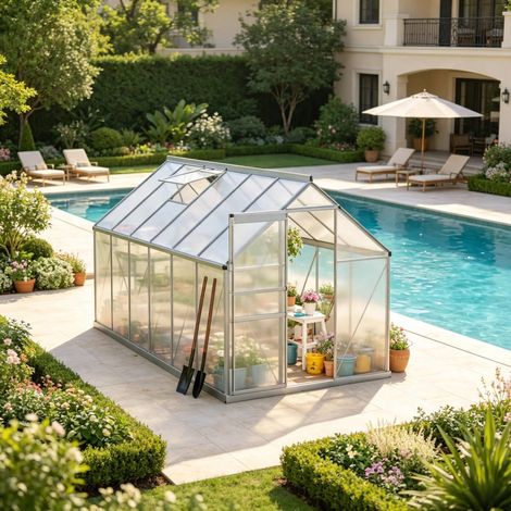 Serre de jardin en aluminium et polycarbonate alvéolaire double paroi 4 mm, 7,1 m², porte coulissante, lucarne réglable, fondation et gouttières – CHICFURN (1/5)