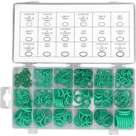 Packung mit 270 grünen Gummi-O-Ringen in 18 Größen, Sortimentsset mit Haken und Clips, für Fahrzeugreparaturen, Klimaanlagen, Dichtungen (1/4)