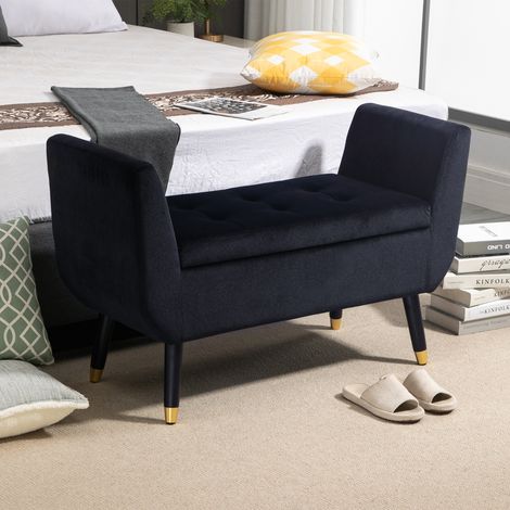 Panca contenitore con braccioli, panca imbottita effetto velluto, cassapanca contenitore con gambe in legno, panca contenitore per soggiorno, camera da letto, corridoio, 107 x 42 x 65 cm, nera