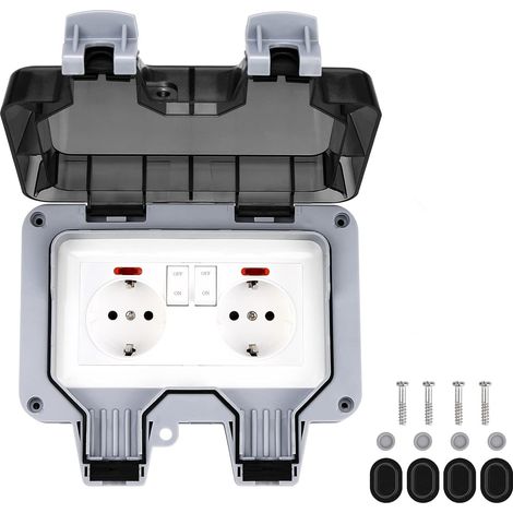Prise Murale Electrique IP66 Double Prise de Courant et Volet de Protection Multiprise Exterieure Coupe-Vent Etanche, Anti-Poussière et de Jardin avec (1/5)