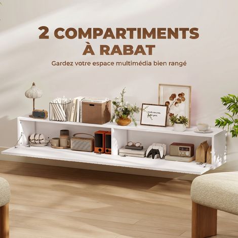 Meuble TV suspendu 140cm, meuble télé pour téléviseur 72 pouces, 2 portes rabattables, 140x25x22cm, blanc (1/5)