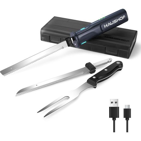 HAUSHOF Couteau à Pain Électrique sans Fil 8V, Lame de 178/203mm et Fourchette, Chargement de Type C, Indicateur d'Alimentation, Lavable au Lave-vaisselle, Couteau de Cuisine pour Viande, Pain, Gris