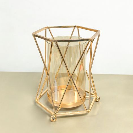 Vase hydroponique en métal - Petit modèle - Or clair - Pot de fleurs géométrique en verre - Jardinière décorative de table - Or - 11 x 11 x 18 cm (1/3)