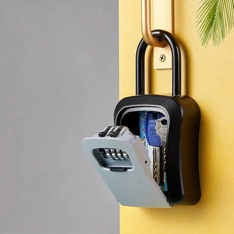 Boîte à clés portable avec cadenas à code à 4 chiffres, support mural, crochet, rangement en plastique pour clés de maison, pour agents immobiliers Noir (1/4)