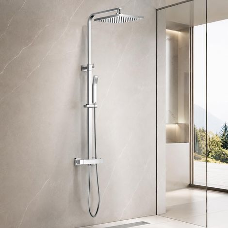 Colonne de Douche Thermostatique, Mitigeur Thermostatique, Ensemble de Douche pour Salle de Bain, Réglable en Hauteur, Carré, Chrome (1/5)