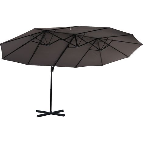 Parasol déporté XXL inclinable avec pied en croix métal, dim. 4,45 x 2,7 x 2,6 m, toile polyester grise, usage jardin