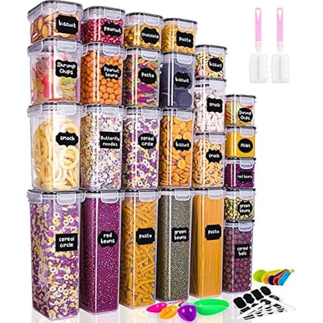 25 Pièces Bocaux de Cuisine en Plastique Hermétiques avec Couvercles, Étiquettes et Cuillères - Pour Riz, Céréales, Farine, etc. (2,8L / 2L / 1,4L / 0,8L) (1/4)