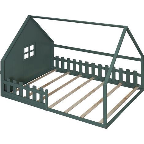 Lit plat, 140200 cm, lit enfant, structure maison, garde-corps, bois de pin, vert (1/5)