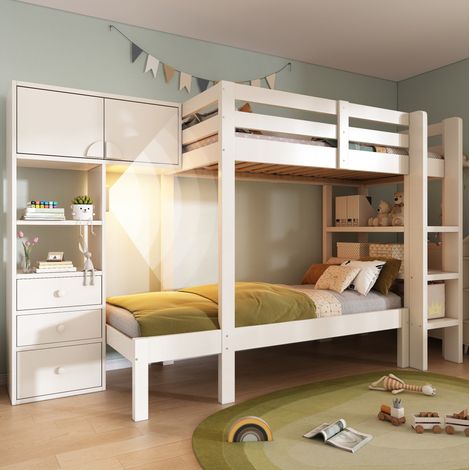 Etagenbett 90x200 cm weiß aus Holz und Metall, versetztes Design mit Schrank, Regalen, Schubladen und LED-Nachtlicht (1/5)
