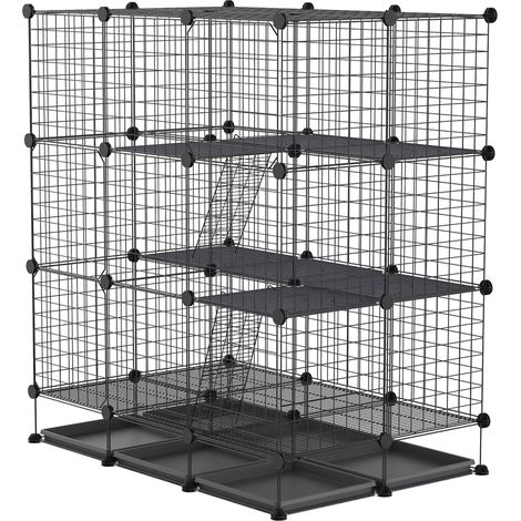 Enclos modulaire pour rongeurs (aire de jeux/parcours), dimensions : L 111 x l 75 x H 119 cm, 3 niveaux, 4 portes, grillage noir