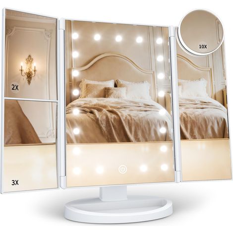 Miroir de Maquillage Grossissant avec Lumière HUONUL 2X/3X/10X, Miroir Triple Face  Variateur Tactile, Double Alimentation, Vue Claire pour Maquillage et Soins de la Peau (1/5)