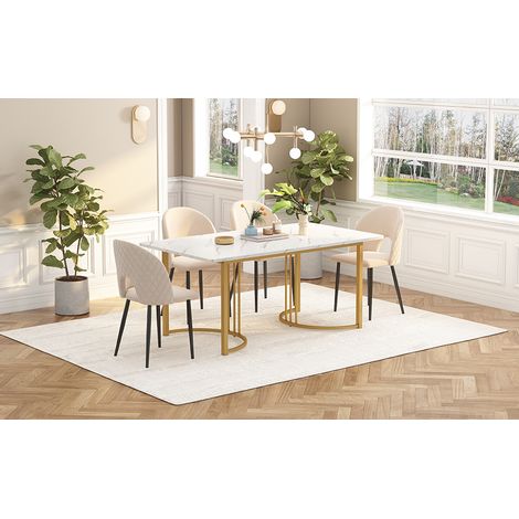 Table à manger 140 x 80 cm cadre métallique plateau marbre-Mi. Pieds réglables blanc/doré pour intérieur.