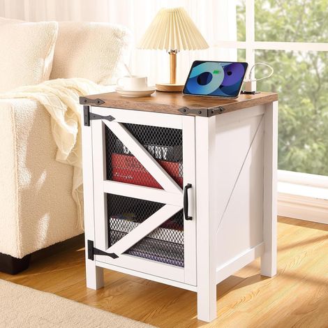 Table de chevet blanche style ferme avec station de charge, porte maille et étagère modulable (1/5)