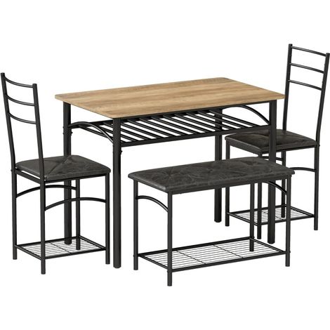 Set da pranzo industriale 4 pezzi con tavolo, 2 sedie e panca, marrone (1/4)